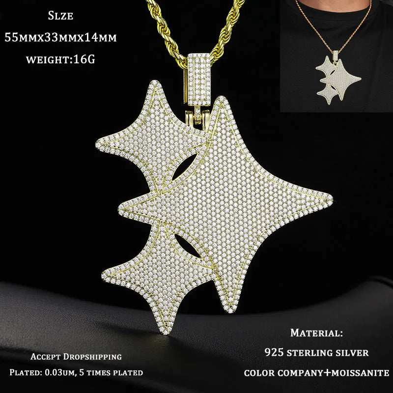 TUHE Unisex S925 Sternanhänger-Halskette mit Moissanit-Eis in Gold- und Silberfarbe – Schmuck für Herren im Hip-Hop-Stil