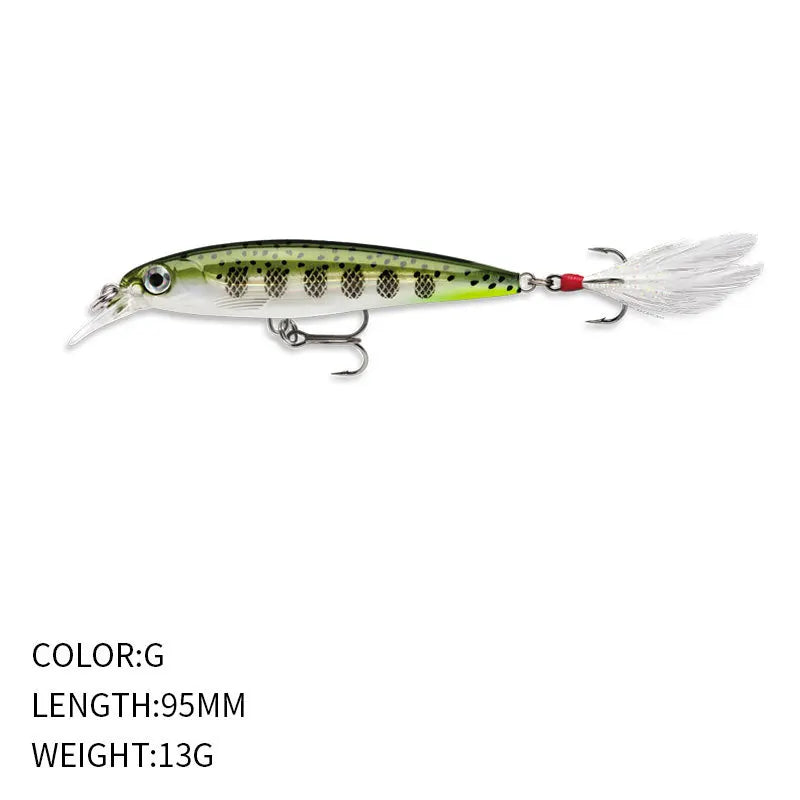9.5cm 13g Fishing Lure Minnow Wobbler Floating Laser Artificial Hard Bait Feather Built-in Steel Ball Jerkbait Trout Bass Decoy