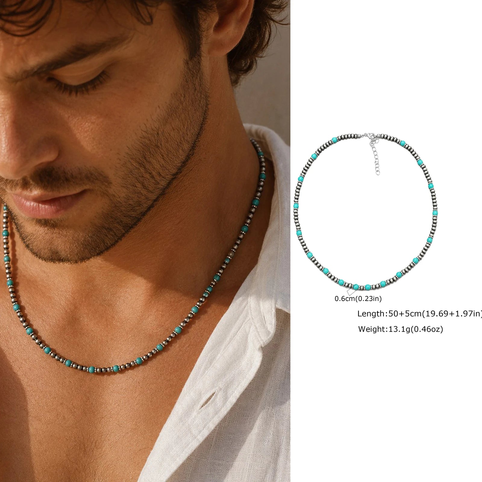 Synthetic Turquoise Necklaces for Men Boys,Natural Stone Mini Beads Necklaces,Summer Beach Bohemian Male Jewelry Gift