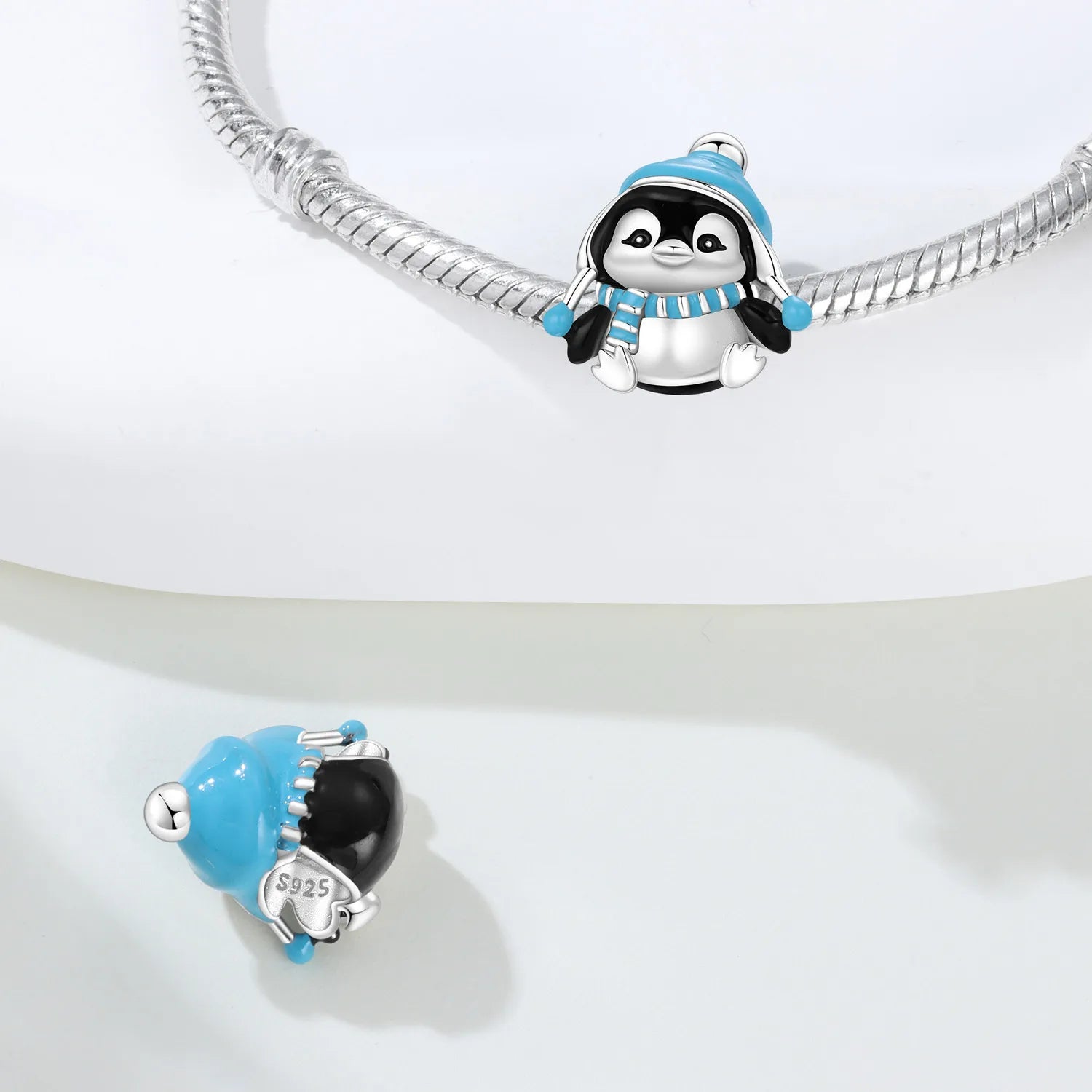 PANPOKI 925 Sterling Silver Blue Hat Penguin Animal Beads Original Pendants Bracelet Charm Jewelry Party DIY Trendy Gifts