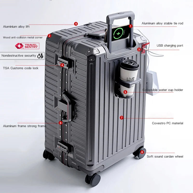 Suitcase Wide Handle Travel Suitcase Men 20 24 26 Carry-On Luggage Women PC Aluminum Frame Trolley Case - Madeinsea©