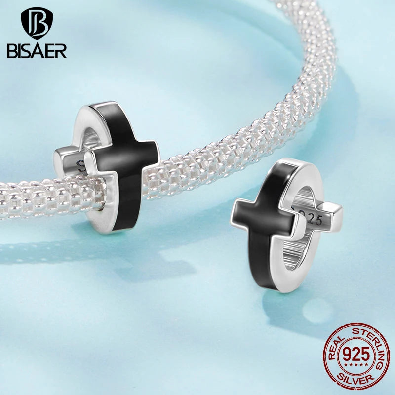 BISAER 925 Sterling Silver Bear Pendant Black Enamel Process Cross Spacer Beads for Women DIY Bracelet & Necklace Fine Jewelry
