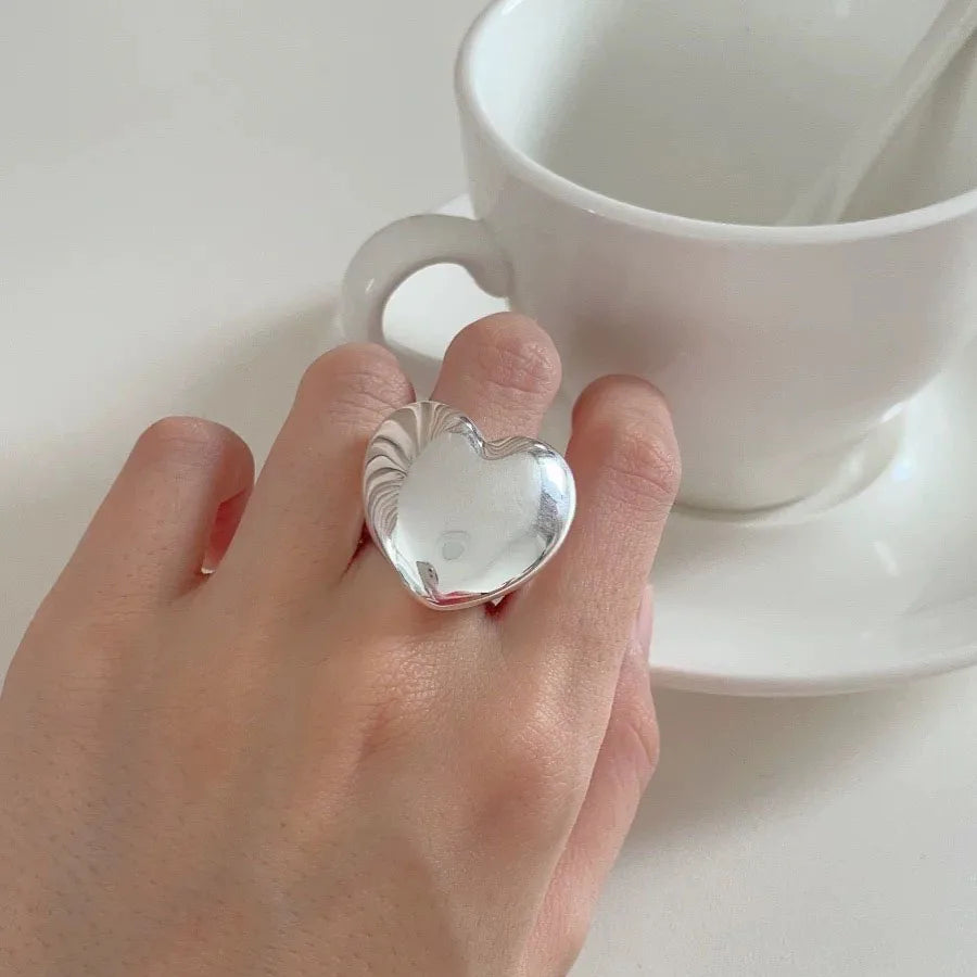925 Sterling Silver Rings For Women Geometric Fine Jewelry Finger Adjustable Simple Smooth Heart Ring For Party Birthday Gift
