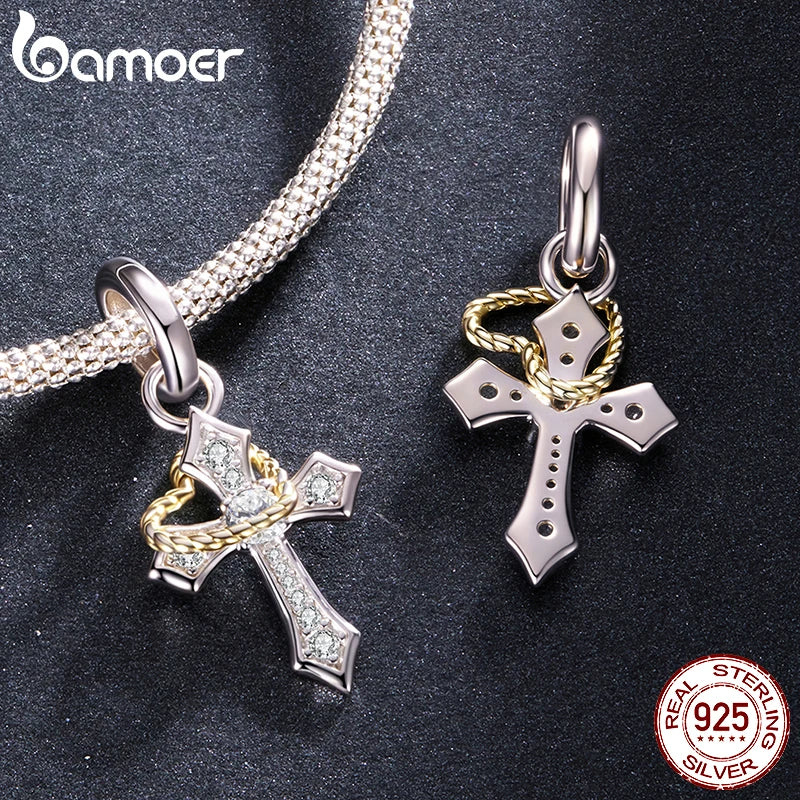 Bamoer Anhänger aus 925er Sterlingsilber, zweifarbig, mit Jungfrau Maria-Motiv, Kreuzanhängern und Flügelperlen, ideal für DIY-Armbänder und mehr.