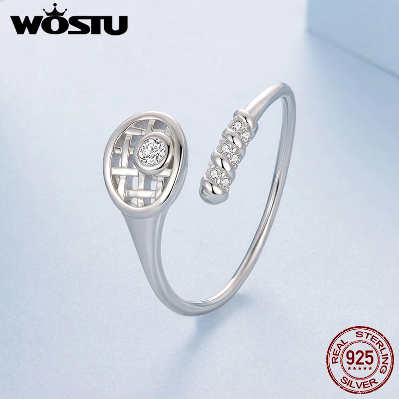 WOSTU 925 Sterling Silver Tennis Racket Open Ring, Shiny CZ Tennis Ball Ring Unique Sporty Jewelry Gift for Women Tennis Players