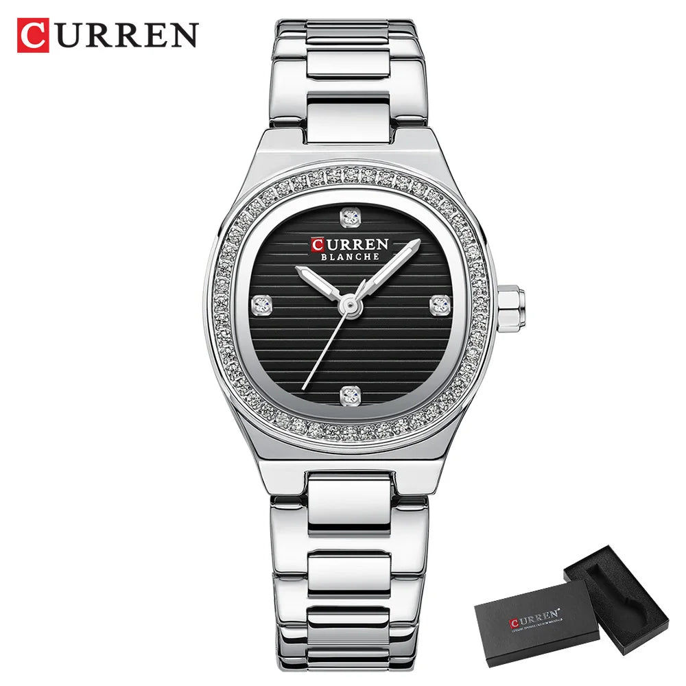 CURREN Luxury Brand Simple Style Quartz Watch for Women NEW Dress Ladies Wristwatches with Rhinestones