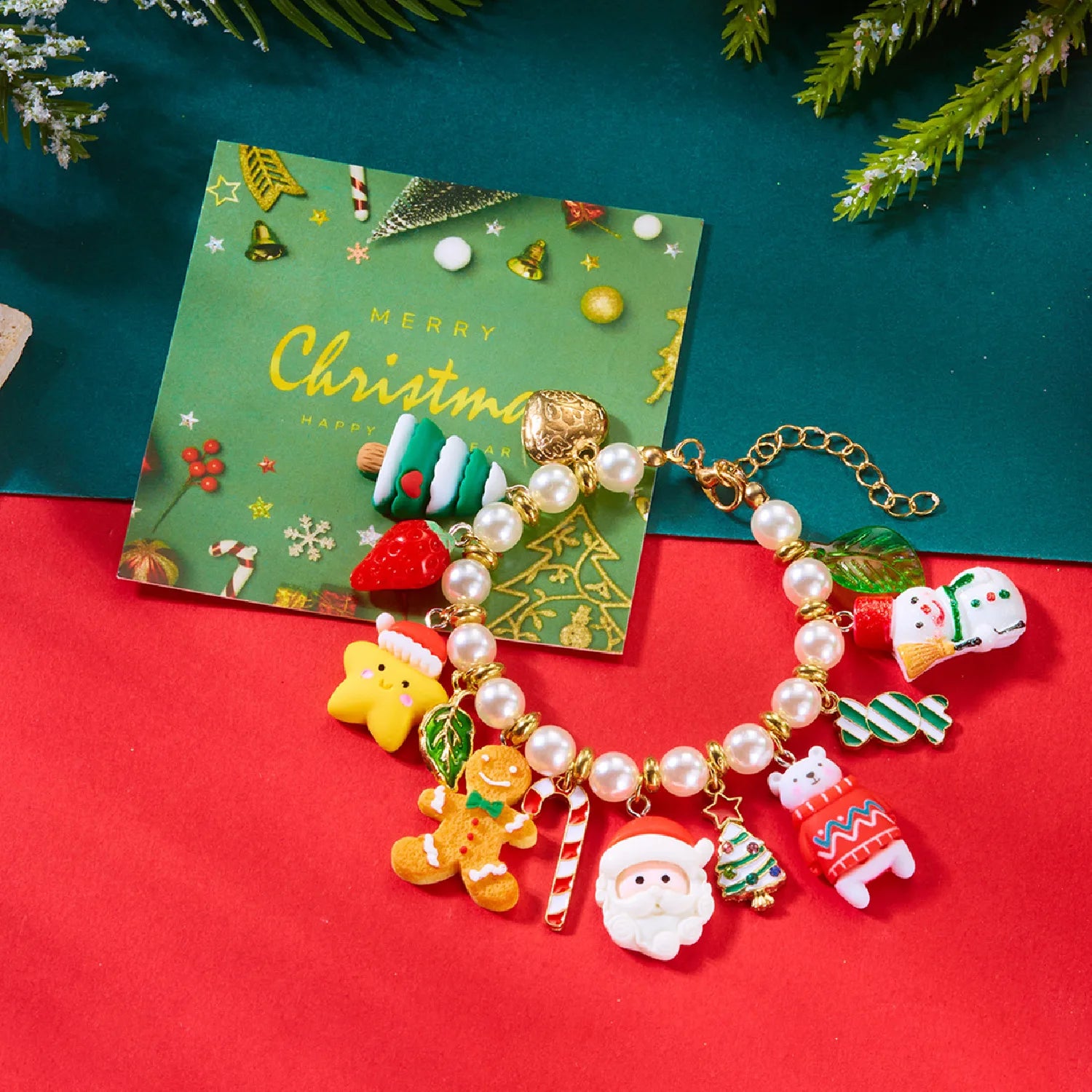 Exquisite Imitation Pearl Christmas Bracelet For Women Santa Claus Snowman Xmas Tree Red Strawberry Metal Chain Bracelet Jewelry