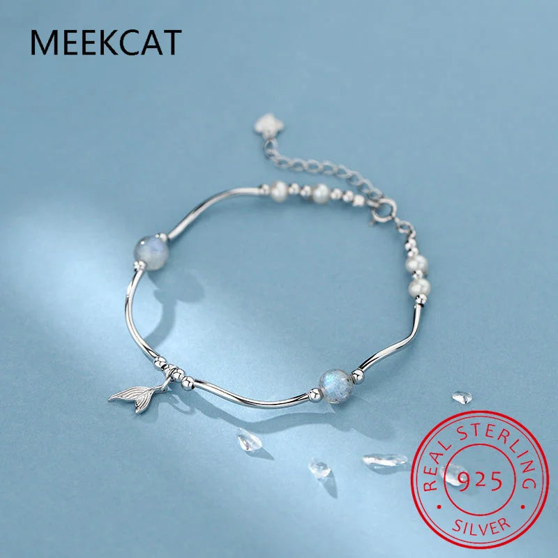 Bracelet queue de sirène en argent sterling 925 avec pierre de lune et perles d'imitation - Accessoires pour femmes - Vente en gros DD-TB04