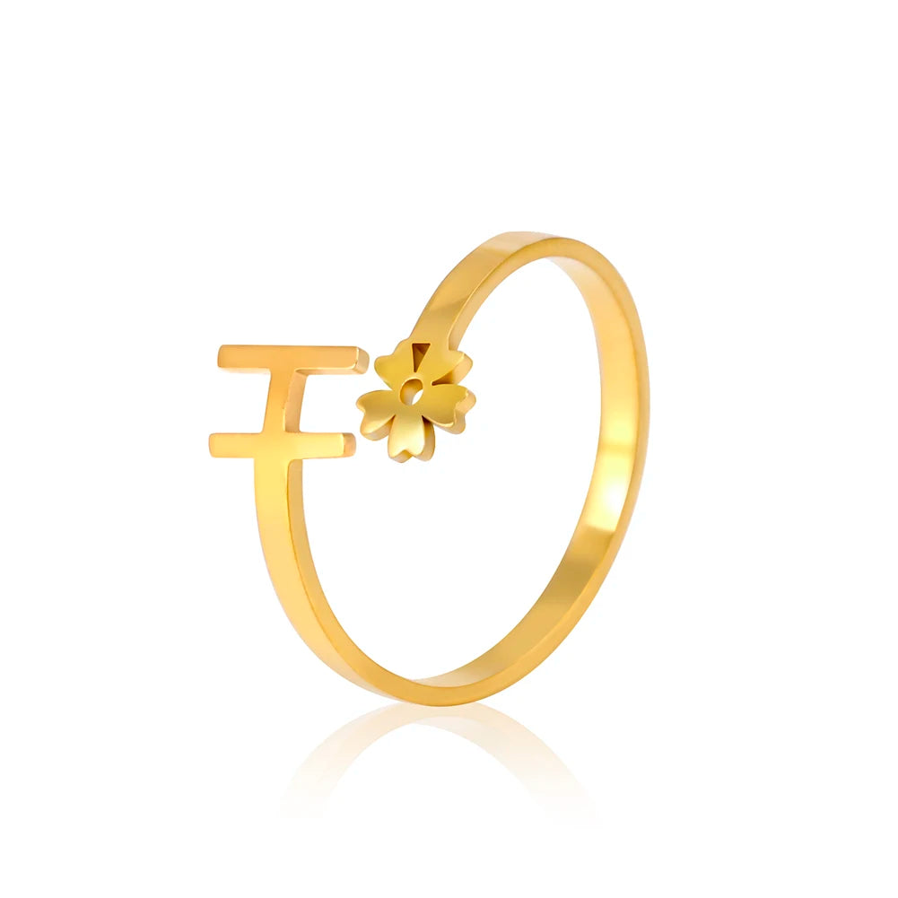 Stainless Steel Flower 26 Alphabet Open Ring for Women A-Z Initial Name Ring 2022 New Fashion Jewelry for Birthday Gift