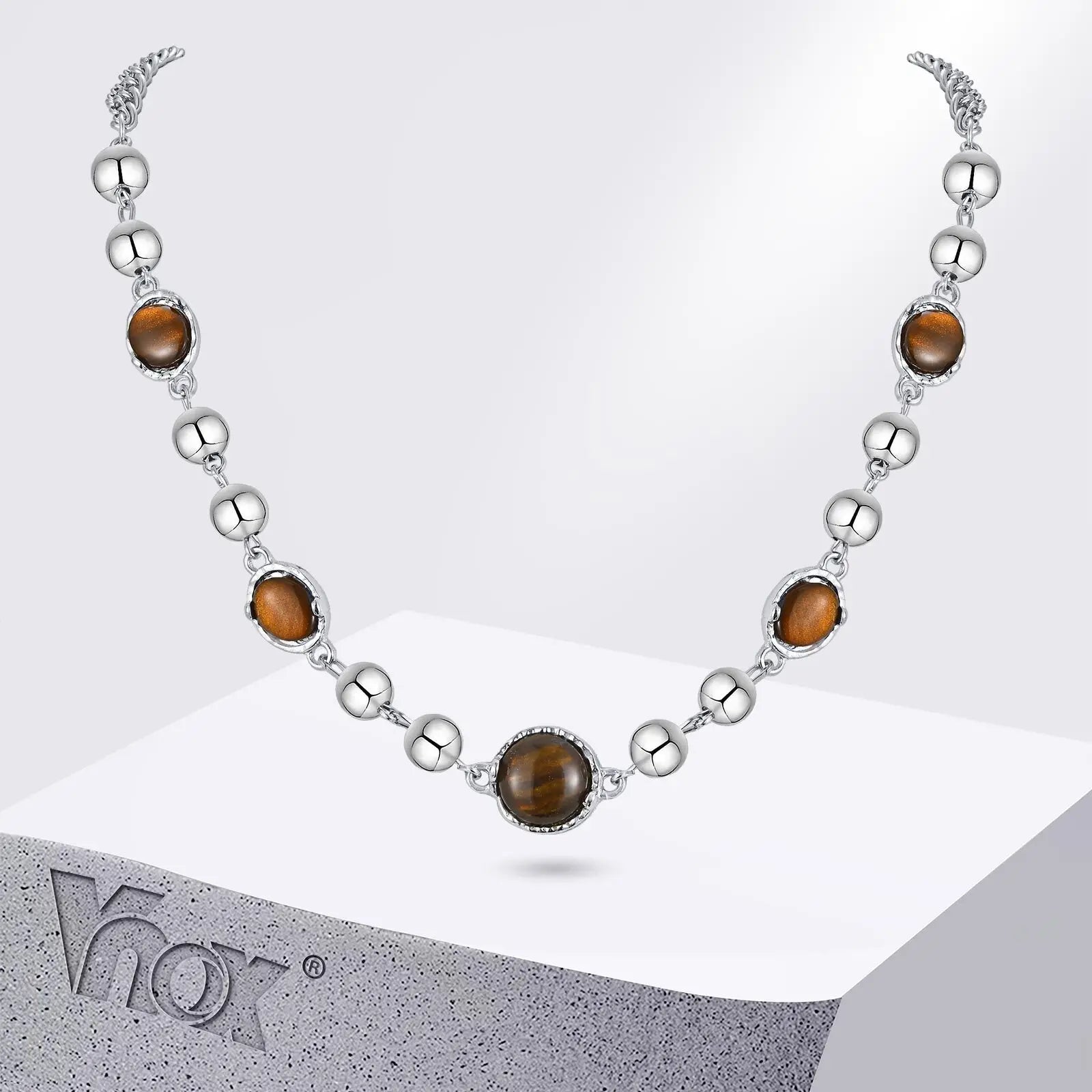 Vnox Aesthetic Tiger Eye Stone Beaded Chain Necklaces, Personality Men Women Chokers,Fashion Clavicle Chain