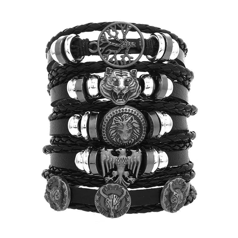 6-piece set Fashion Leather Bracelet Personalized DIY Knitted Leather Bracelet Simple Multi layered Adjustable Cowhide Bracelets