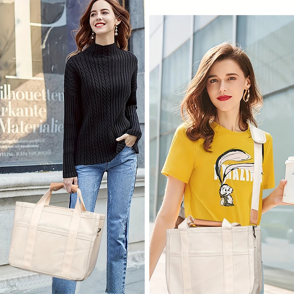 Women’s Canvas Tote Bag with Multiple Pockets, Large Capacity Shoulder Messenger Bag, Stylish, Durable & Versatile for Daily - Madeinsea©
