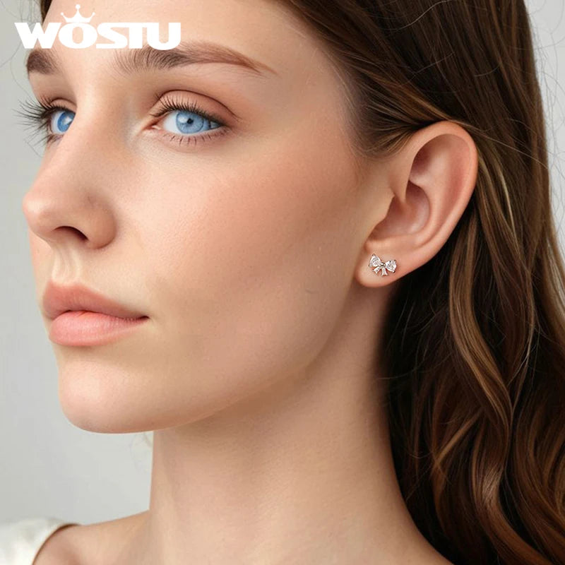 WOSTU Sweet Bowknot Earrings 925 Sterling Silver 925 Sterling Silver Clear AAA Zircon Bow knot Stud Earring Birthday Party Gift