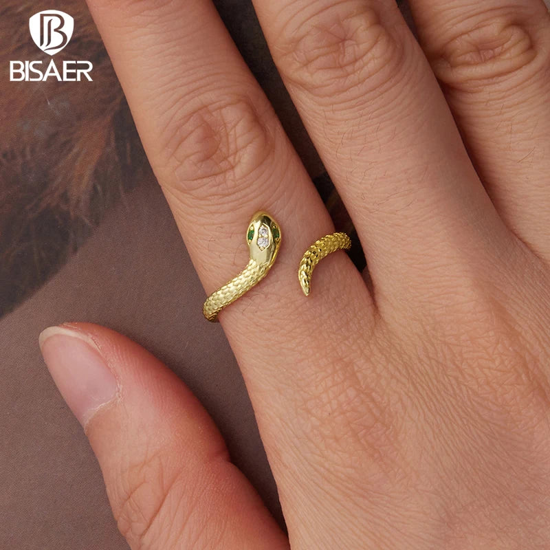 BISAER 925 Sterling Silver Viper Open Ring Size 5-9 Snake Green Zircon Eternity Band Plated Gold for Women Party Fine Jewelry