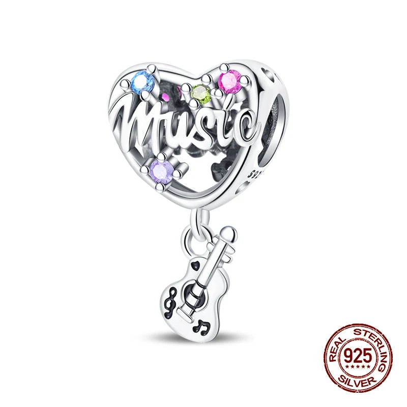 New 100% 925 Sterling Silver Butterfly Guitar Rock Musical Note Charms Beads Fit 3mm 925 Original Bracelets Fine DIY Jewelry