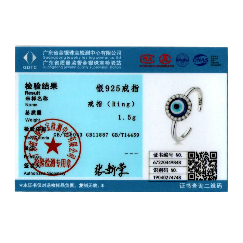 BISAER 925 Sterling Sliver Blue Evil Eye Open Ring Resin Eternity Band Adjustable Lucky Protection For Women Party Jewelry Fine