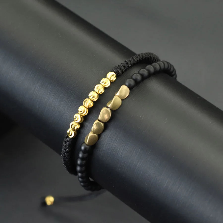 2Pcs Bracelet Set For Men Irregular Gold Color Beads Handmade Braided Good Luck String Braclet Father Day Gift Casual Pulseria