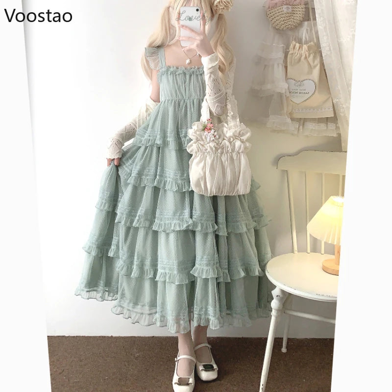 Sweet Elegant Lolita Style Midi Dress Women Kawaii Cute Ruffles Sleeveless Sand Beach Fairy Dresses Female Korean Princess Dress