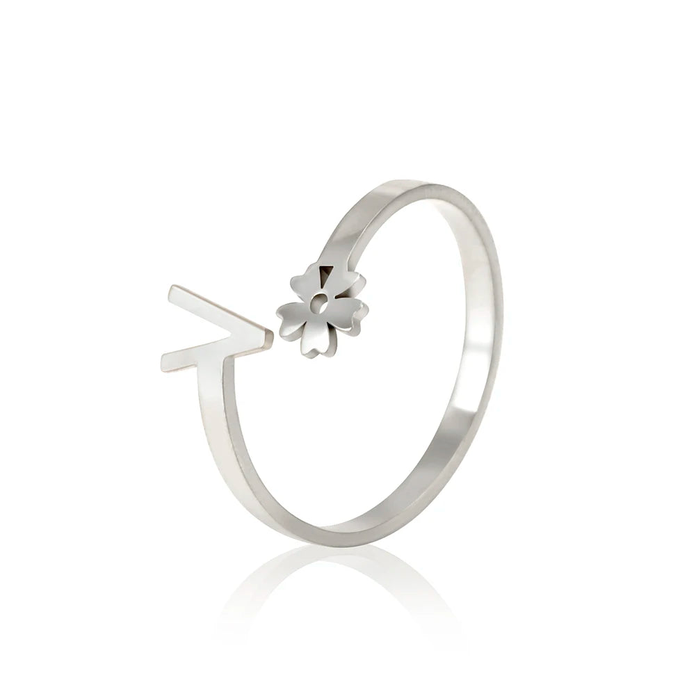 Stainless Steel Flower 26 Alphabet Open Ring for Women A-Z Initial Name Ring 2022 New Fashion Jewelry for Birthday Gift