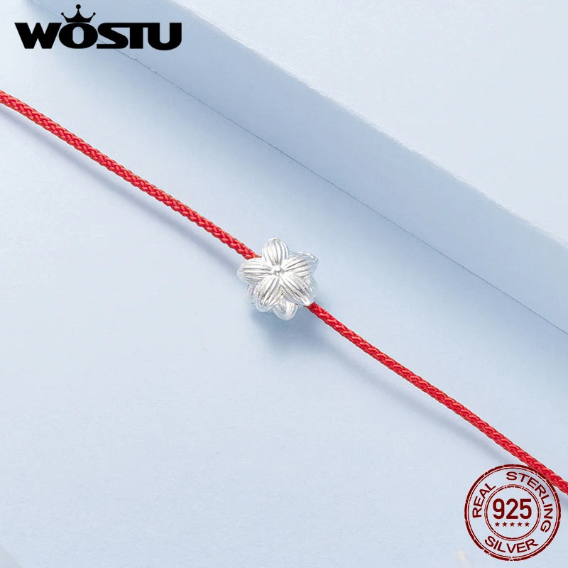WOSTU Lotus Red Braided Cord Wrist Bracelet for Women, 925 Sterling Silver Elegant 3D Flower Charm Adjustable Rope Bangle