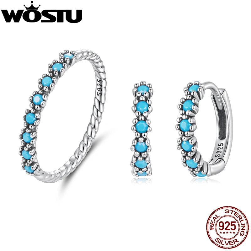 WOSTU 925 Sterling Silver Blue Turquoise Rings Earrings For Women , Handmade Vintage Twist Round Turquoise Dainty Jewelry set