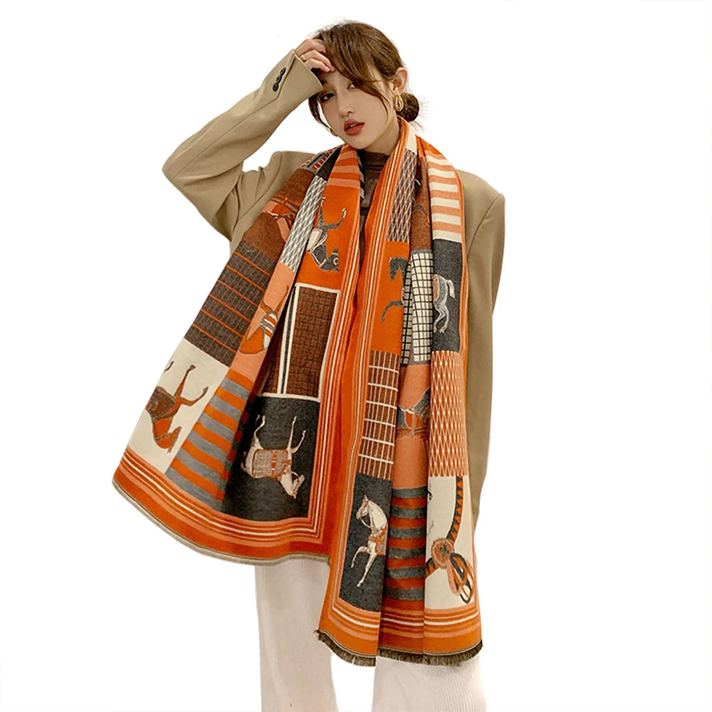 Women's Autumn Winter Horse Pattern Scarf New Luxury Cashmere Feeling Large Blanket Wrap Soft Warm Brand Shawl Retro & Classical - Madeinsea©