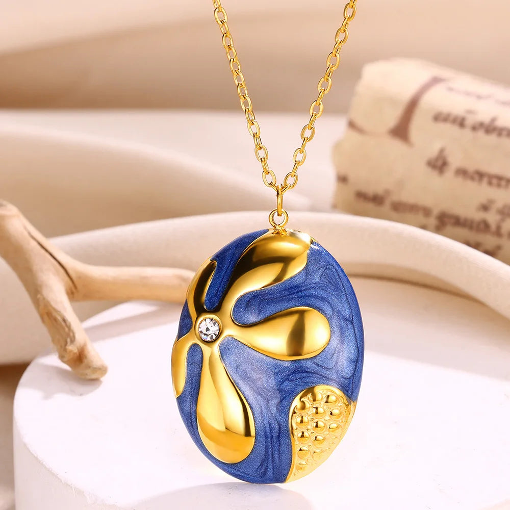 Colliers avec pendentifs ovales en émail et strass pour femme, couleur or, en acier inoxydable, style bohème, bijoux, cadeau, vente en gros