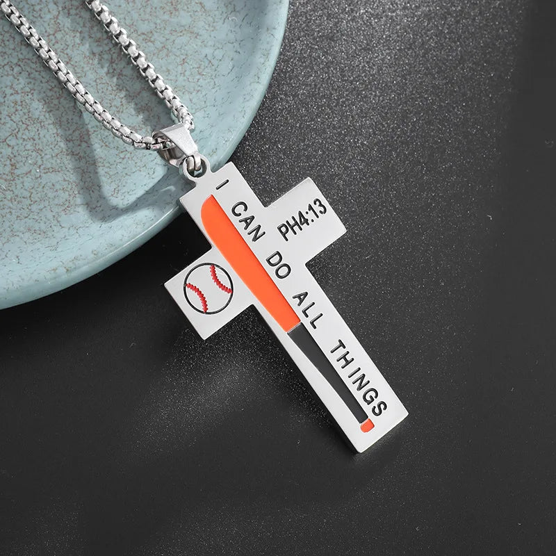Sports Style Stainless Steel Drip Oil Baseball Cross Necklace Titanium Steel Men Hiphop Locomotive Accessory Boyfriend Gift