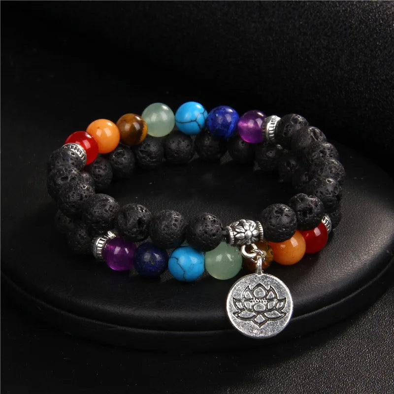 MKENDN 7-Chakra-Armbänder, buddhistisches Lotus-Amulett-Armband, Herren-Armband mit natürlichen Reiki-Steinen und Amethysten, Damen-Yoga-Schmuck