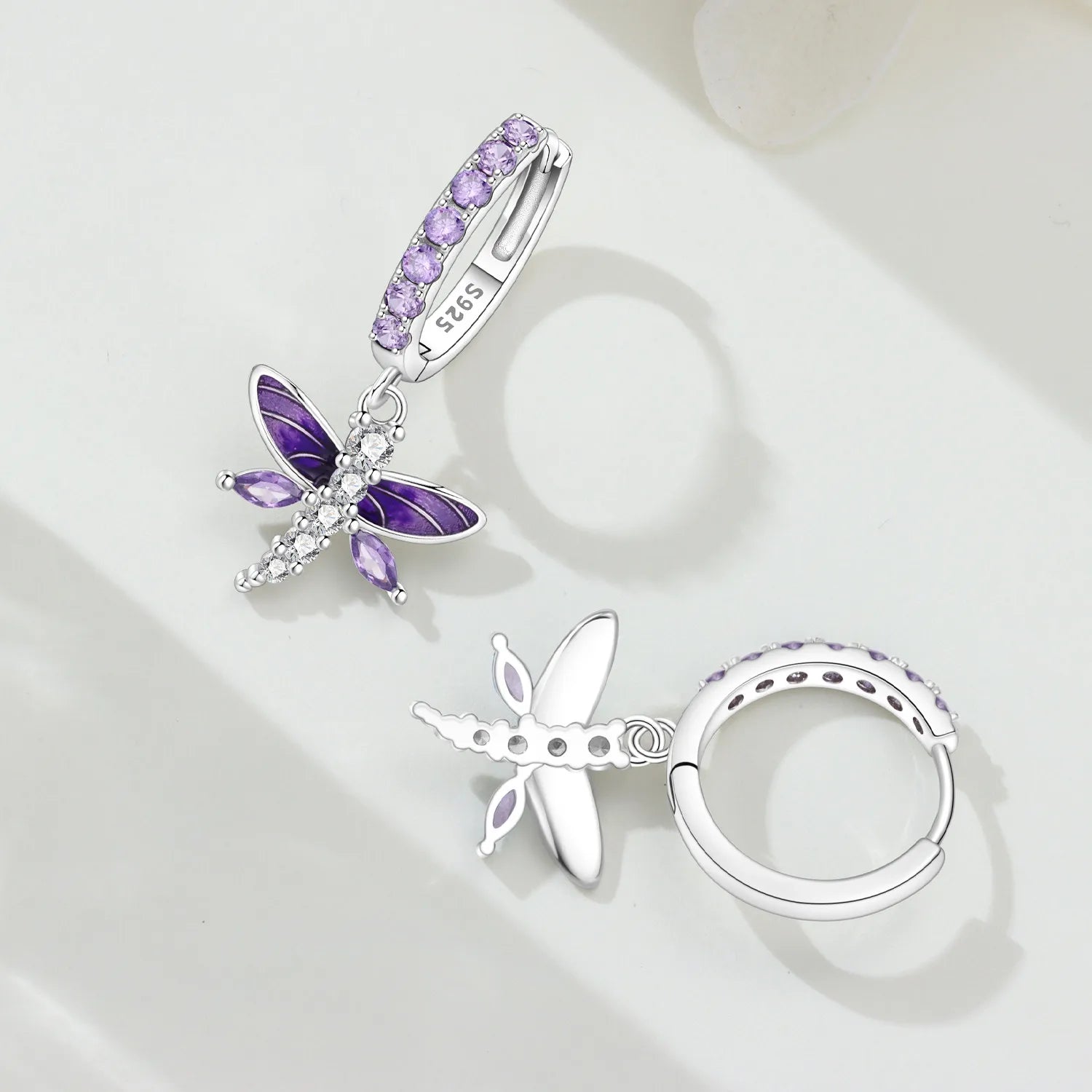 PANPOKI 925 Sterling Silver Purple Zircon Dragonfly Insect Drop Earrings Women Earrings Charm Versatile Party Jewelry Gifts