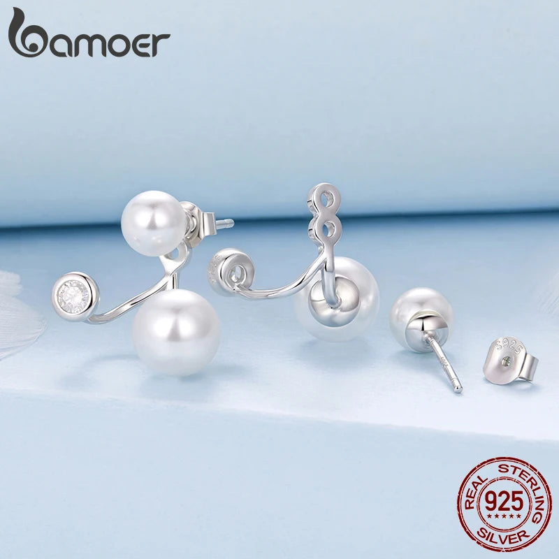 BAMOER 925 Sterling Silver Front-Back Pearl Stud Earrings, Plated White Gold X Shape Piercing CZ Earrings for Elegant Women Gift