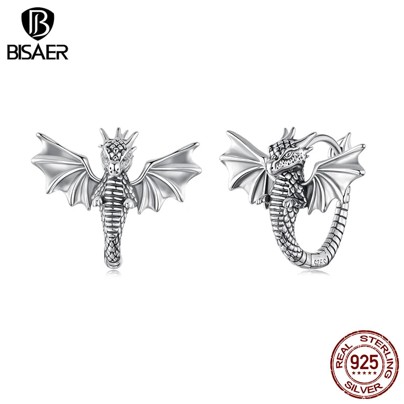 BISAER Real 925 Sterling Silver Flying Dragon Hoop Earrings Retro 3D Dragon Ear Hooks for Punk Hip Hop Women Party Fine Jewelry