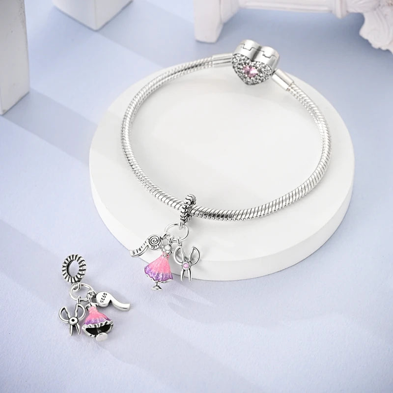 925 Silver Charms Beads Fit 3mm Original Bracelet Game Machine Box Afternoon Tea Dessert Romantic Pink Pendant DIY Jewelry
