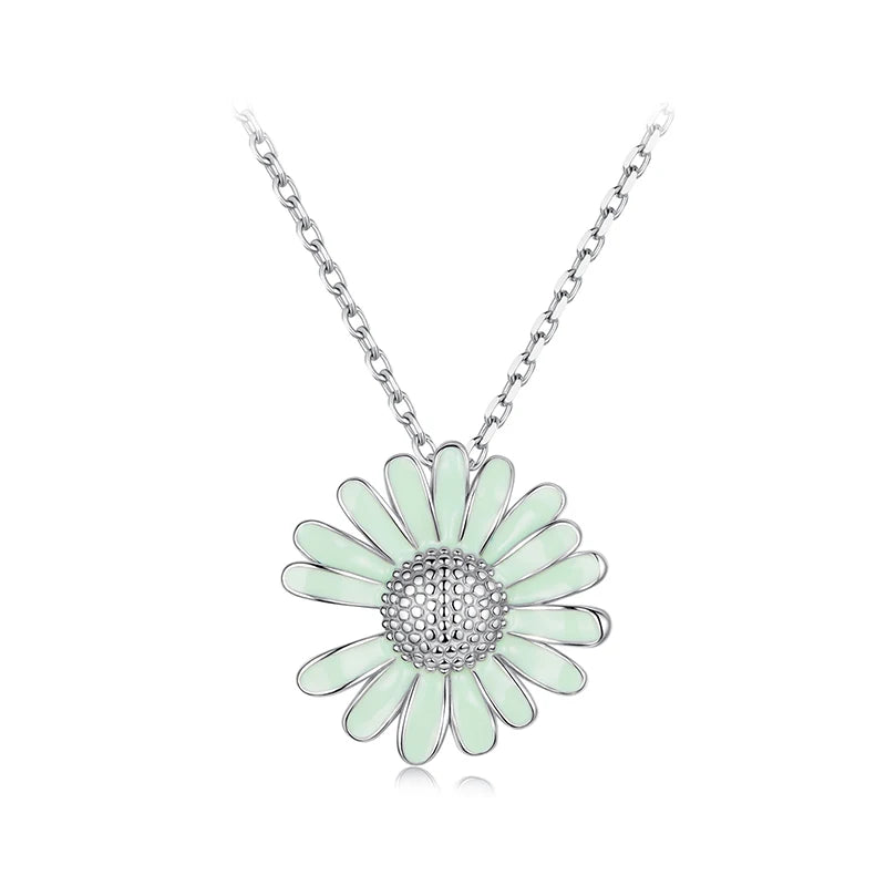 BAMOER 925 Sterling Silver Daisy Pendant Necklace Fresh Green Flower Chain Necklace for Women Teens Mother's Day Jewelry Gift