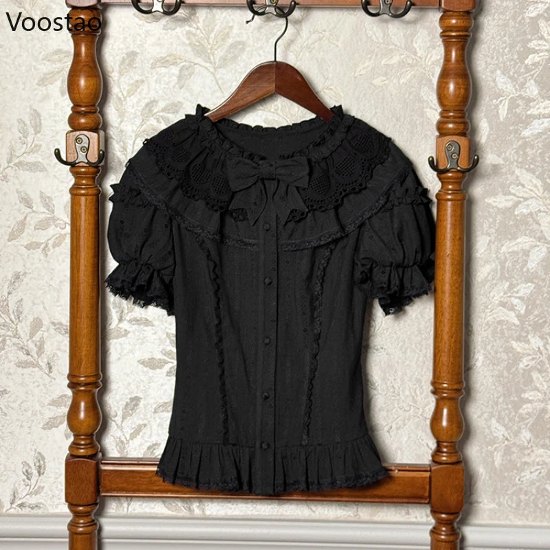 Chemises style Sweet Lolita pour femmes, style vintage kawaii, manches courtes bouffantes, volants et nœud, blouses pour filles, style gothique Y2K, hauts slim, style punk, Blusas Mujer