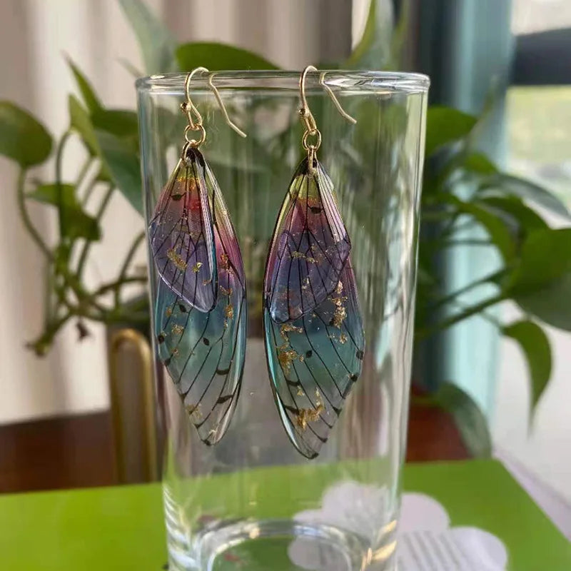 Minar Fairy Clear Gradient Resin Simulation Wings Butterfly Rhinestone Flake Long Dangle Earrings for Women Casual Party Jewelry