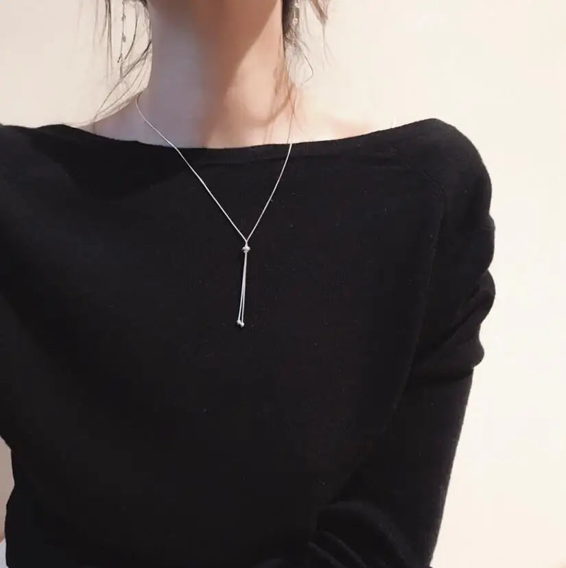 Real 925 Sterling Silver Choker Necklace Box Chain Beads Tassel Necklace For Women Wedding Party Jewelry DA2553