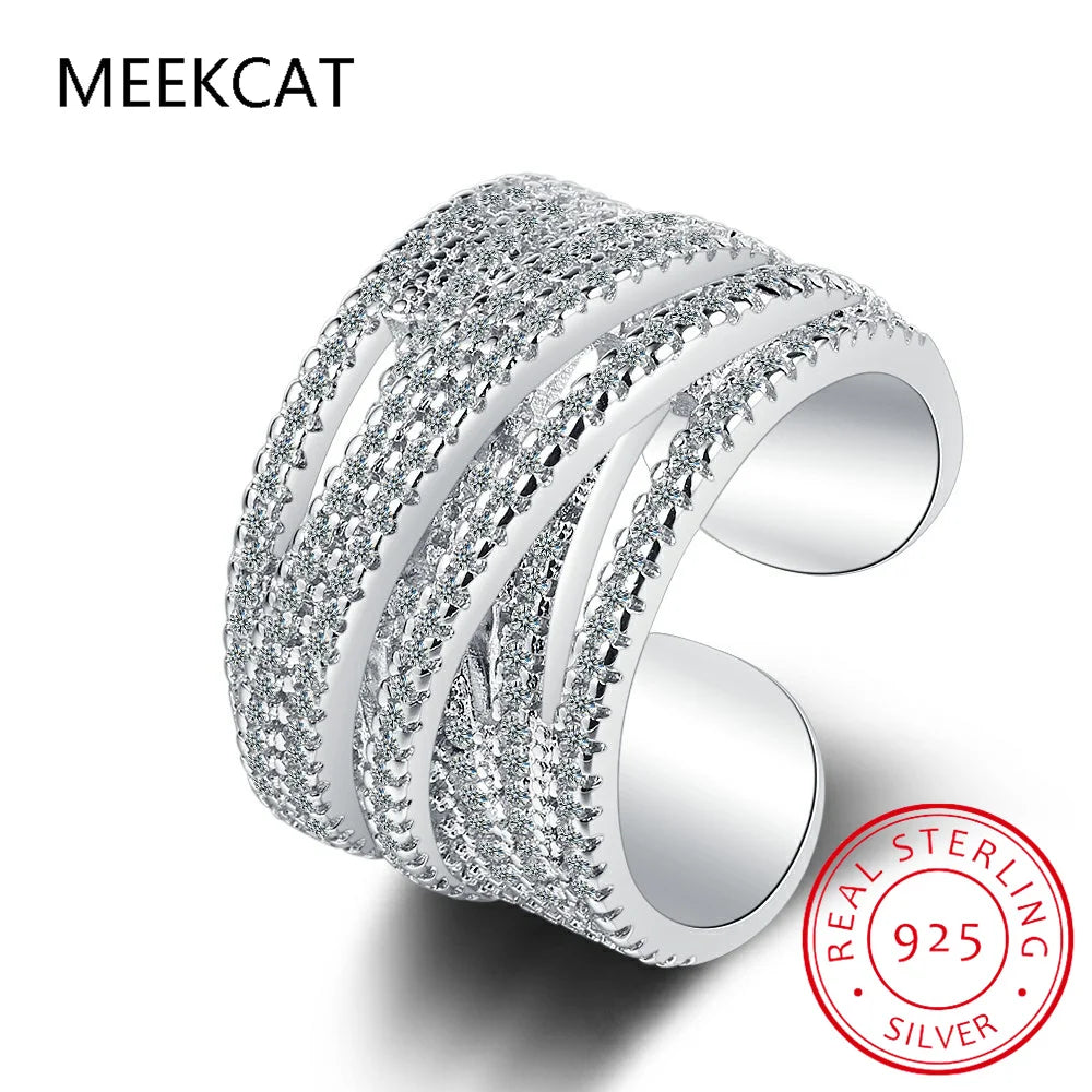 Bague en argent sterling 925 et moissnaïte pour femme, ornée d'une vague, sertie de diamants de laboratoire scintillants et de plusieurs couches. Bague large pour doigt.