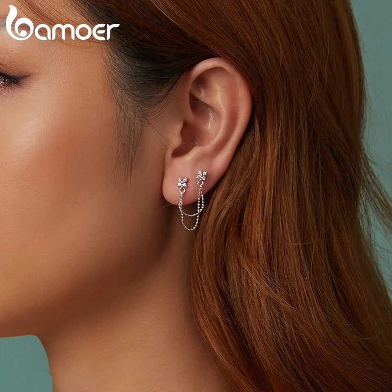 BAMOER 925 Sterling Silver Elegant Tassel Stud Earrings for Women, White Gold Plated Hypoallergenic Simple Earrings BSE1106