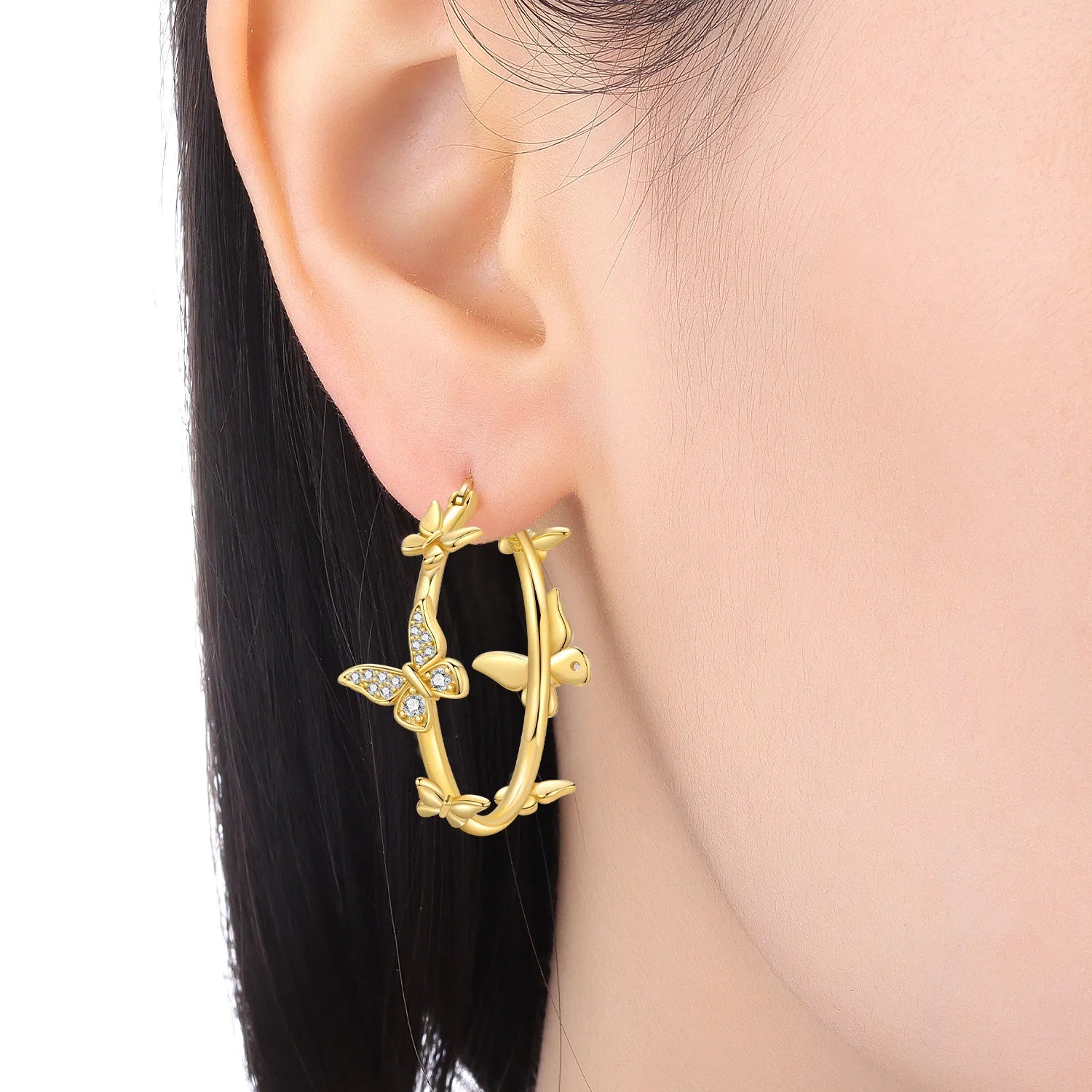 PANPOKI Original 925 Sterling Silver Golden Butterfly Insects Earrings Women Hoop Earring Anniversary Jewelry Trendy Gifts