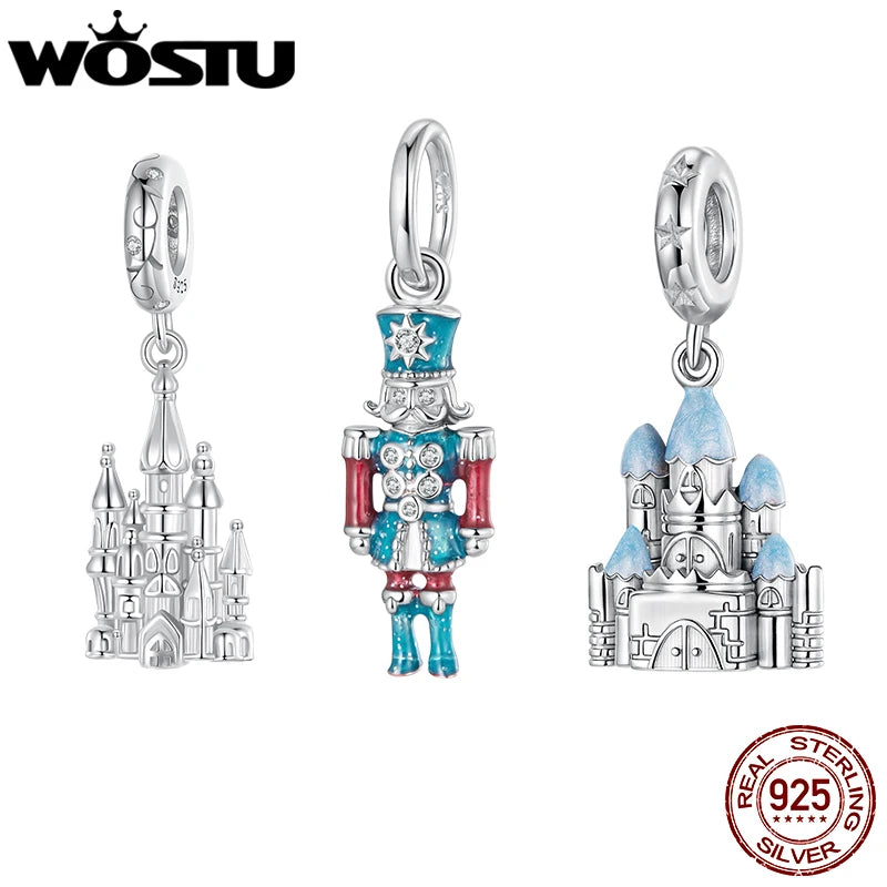 WOSTU 925 Sterling Silver Original Magic Nutcracker Soldier Charm Pendant fairy-tale castle Beads Fit DIY bracelet Necklace Gift