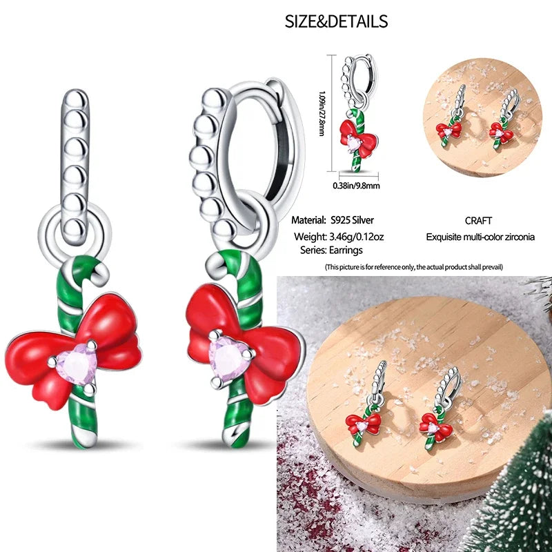 925 Sterling Silver Christmas Blue Snowflakes Tassel Diamond Earrings Red Bow for Women Creative Jewelry Christmas Themed Gifts