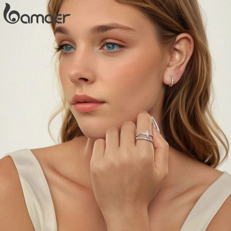 BAMOER White Gold Starry Round Hoop Earrings for Women Real 925 Sterling Silver Huggie Earrings Fashion Fine Jewelry BSE1114