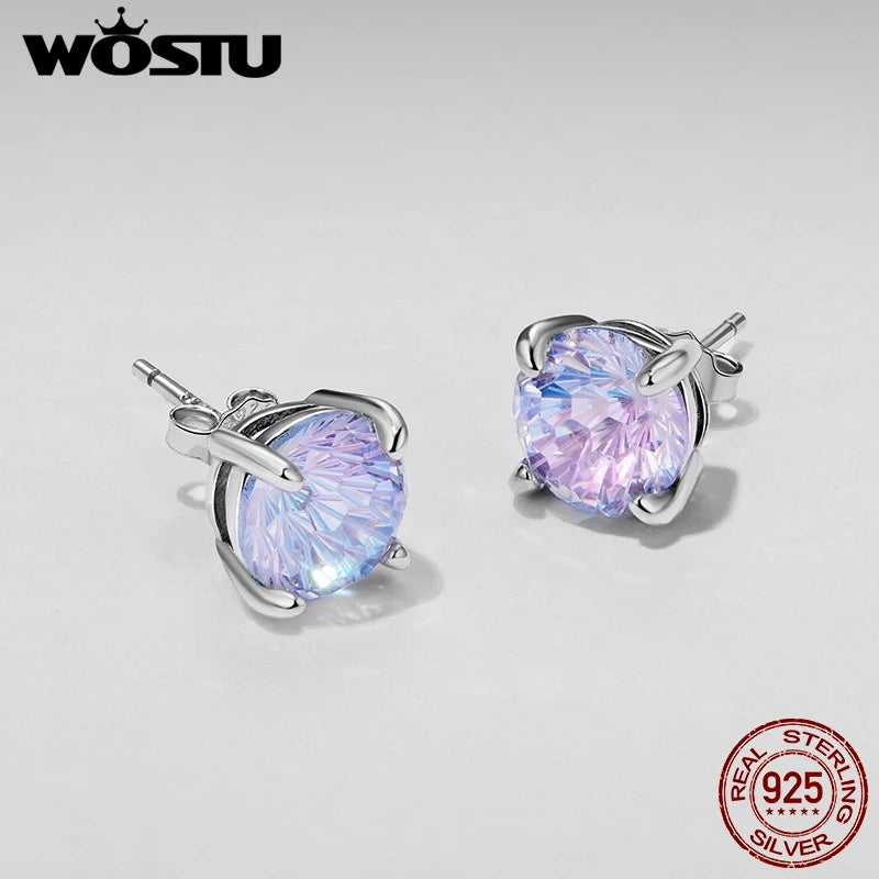 WOSTU 925 Silver Firework Zircon Stud Earrings For Women, Rainbow Purple Classical Round Ear Studs Wedding Gift Xmas Jewelry