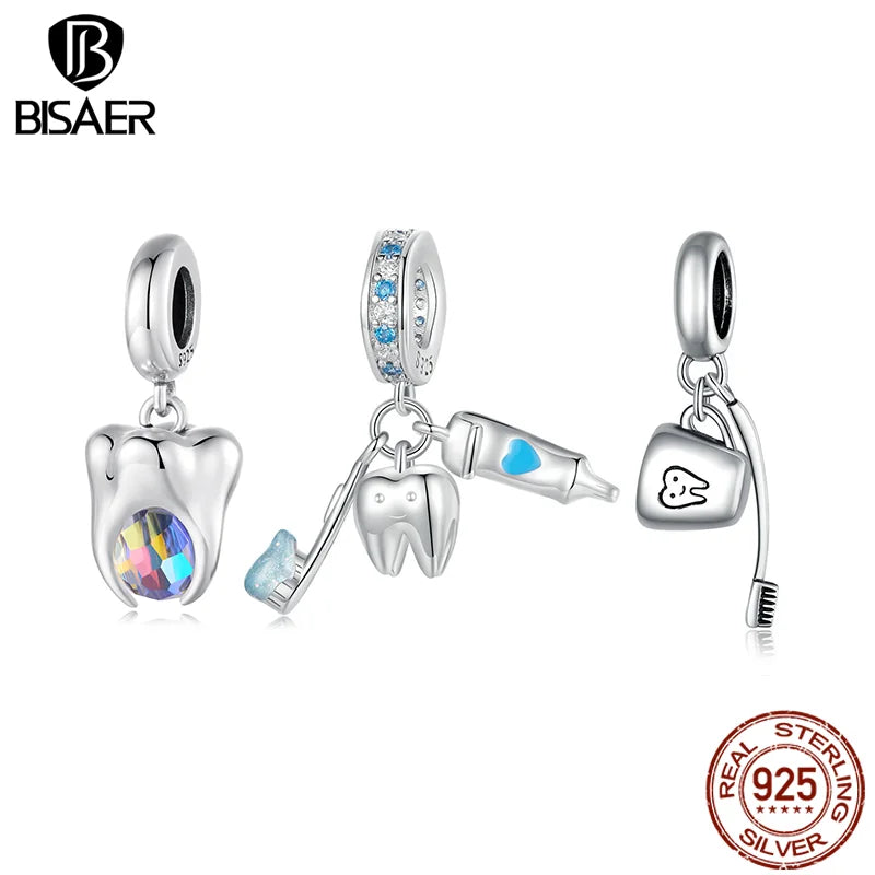 BISAER 925 Sterling Silver Tooth Charm Bead Toothbrush Toothpaste Set Pendant for Women DIY Bracelet & Neckalce Fine Jewelry