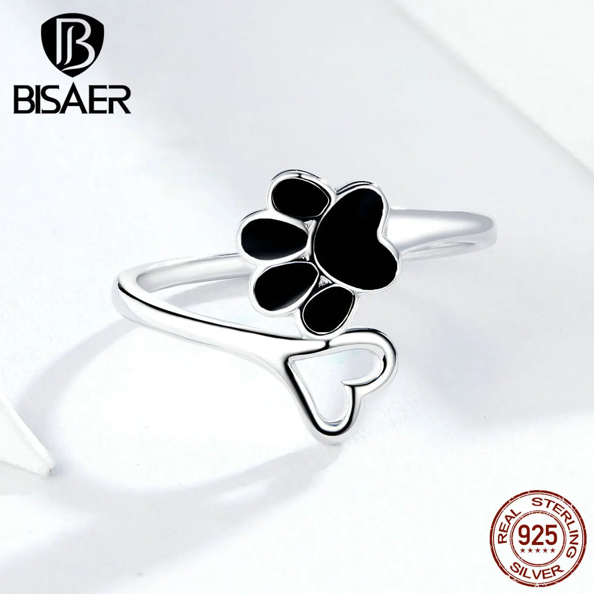BISAER 925 Sterling Silver Cute Pet Paws Open Ring Black Enamel Hollow Heart Band Adjustable Size for Women Party Fine Jewelry