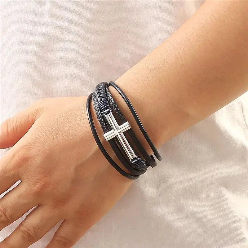 Classic Men's Leather Bracelet Cross Charm Choose Multilayer Hand Woven Bracelets Male Bangles Gifts Jewelry 19/21/23cm