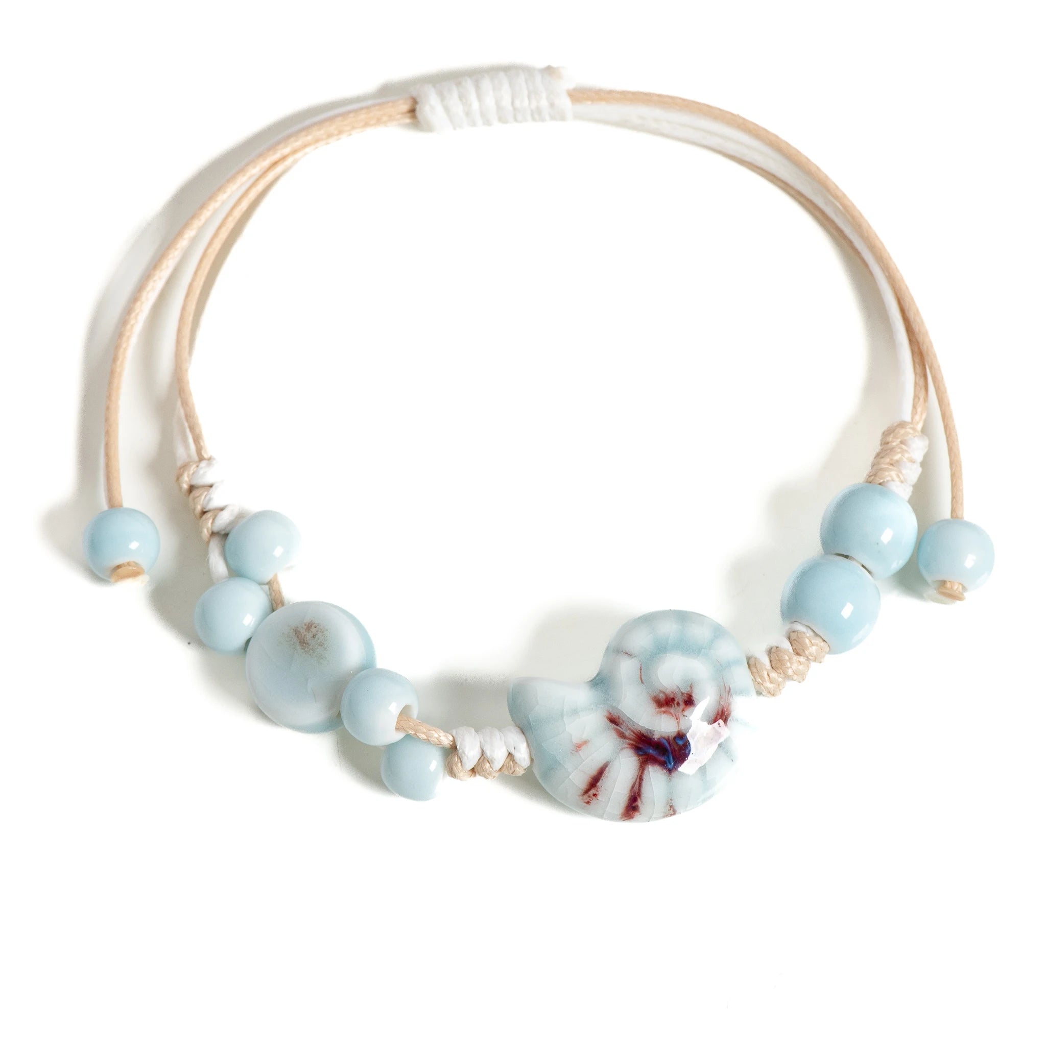 Handmade Blue Snail Shell Ceramic Bracelet Adjustable Handwoven Boho Jewelry for Women & Men - S02-005