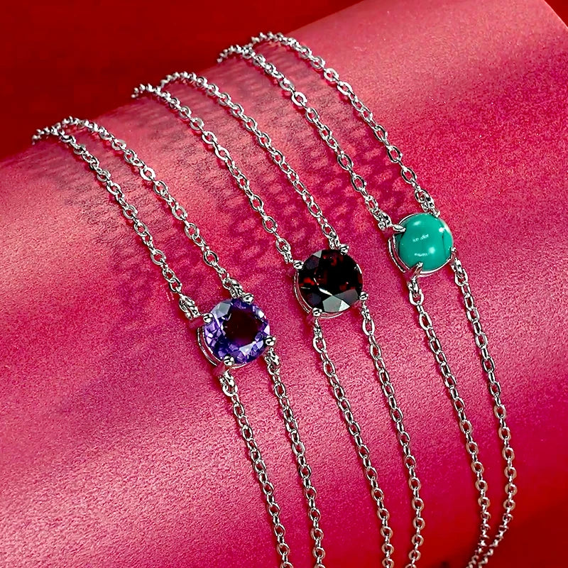 Fashion Women's Single Stone Double Chain Bracelet 6.5mm Round Month Birthday Stone Bracelet 925 Sterling Silver Jewelry Gift