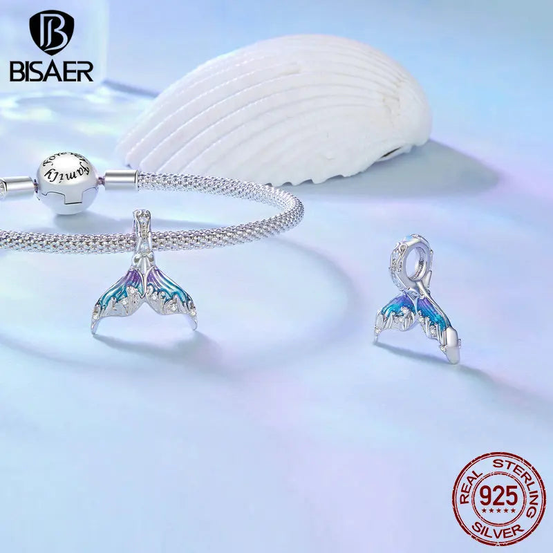 BISAER 925 Sterling Silver Ocean Dreamy Mermaid Charm Bead Rainbow Fishtail Crystal Pendant Fit Women DIY Bracelet Fine Jewelry